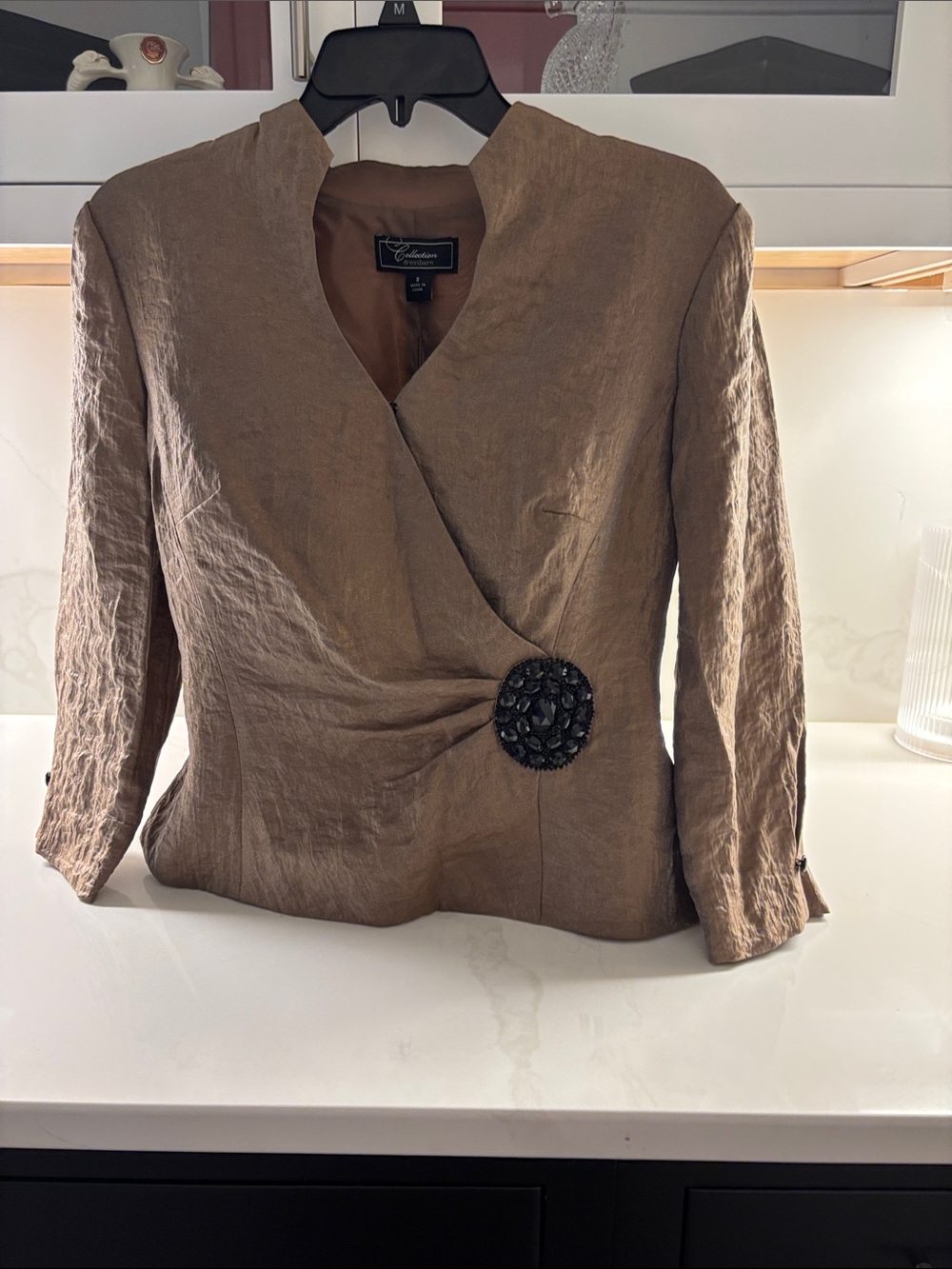 Collection B Taupe Wrap-Front Blouse with Jeweled Brooch
